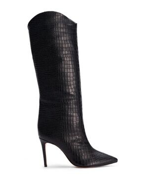 NWOB SCHUTZ Maryana Croc Leather Knee Black Pointy Toe Luxury Boots, Size 9.5
